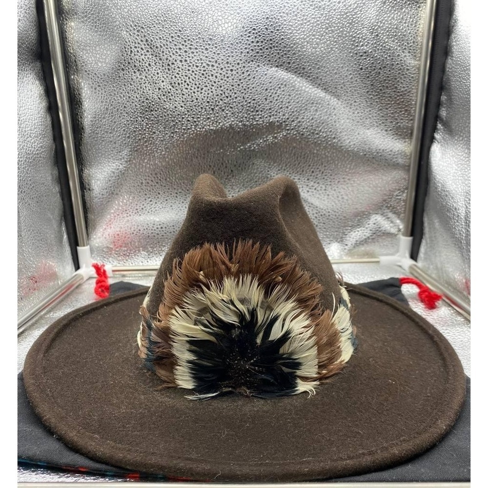VTG Wool Fedora Hat Men 7 1/4 Brown Wide Brim Feather Band Western Cowboy Outlaw
